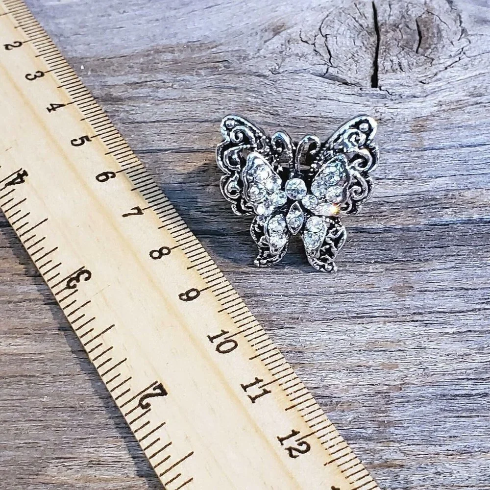 Vintage Y2K 90s Clear Crystal Butterfly Silver Adjustable Cocktail Ring